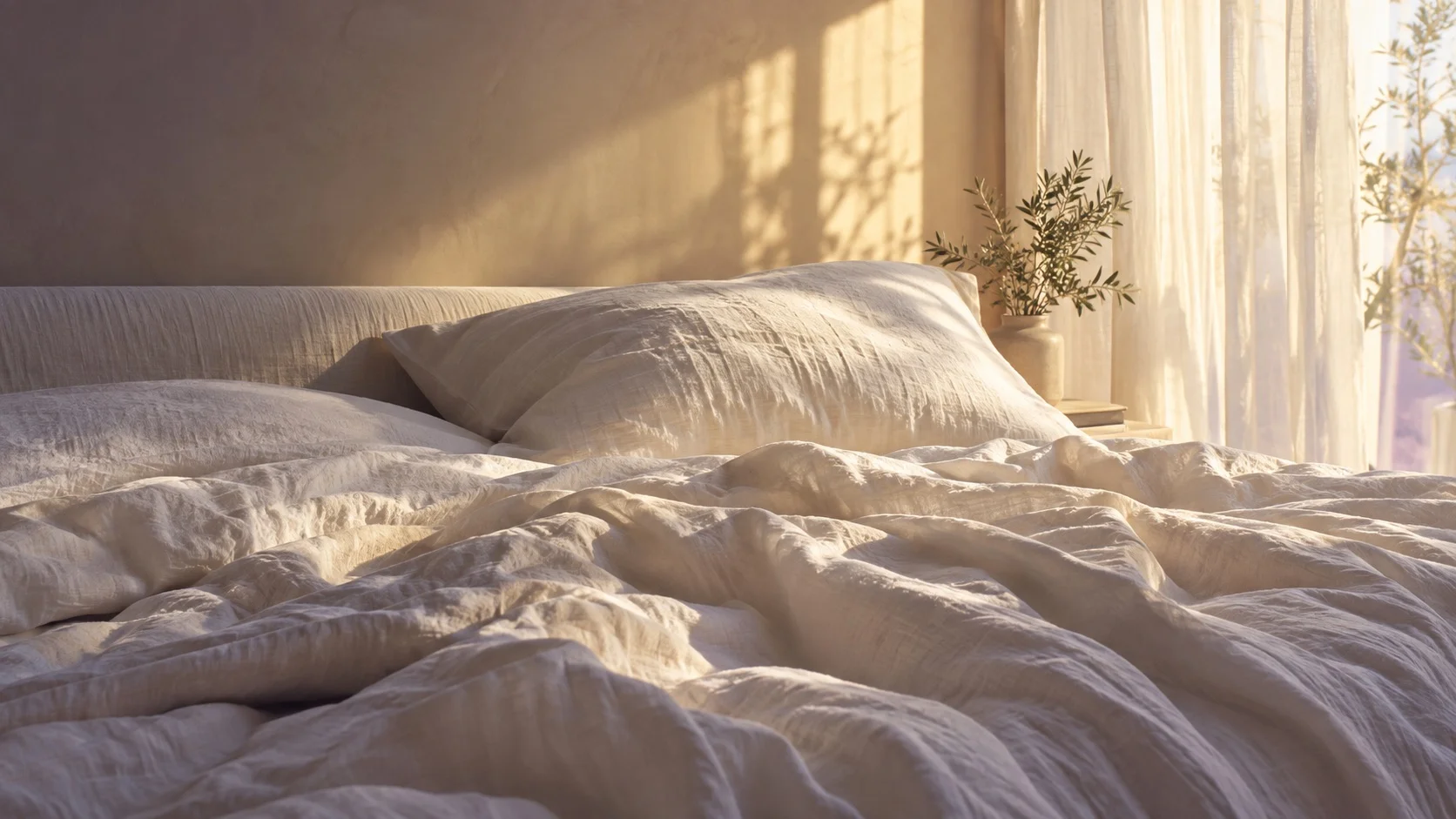 Soft morning sunlight falling across a quiet bedroom and rumpled linen bedding